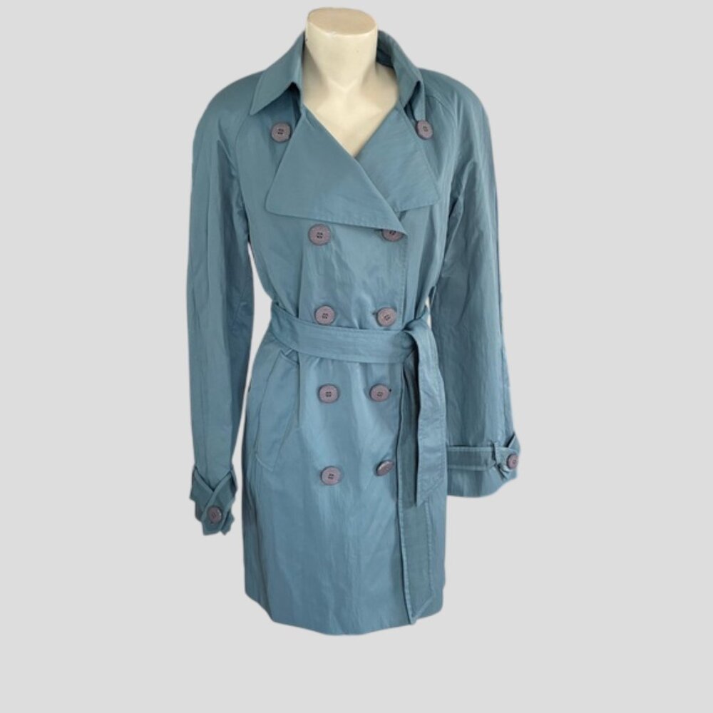 Elie Tahari Blue Trench Coat 3/4 Length Double Breasted Belted Small